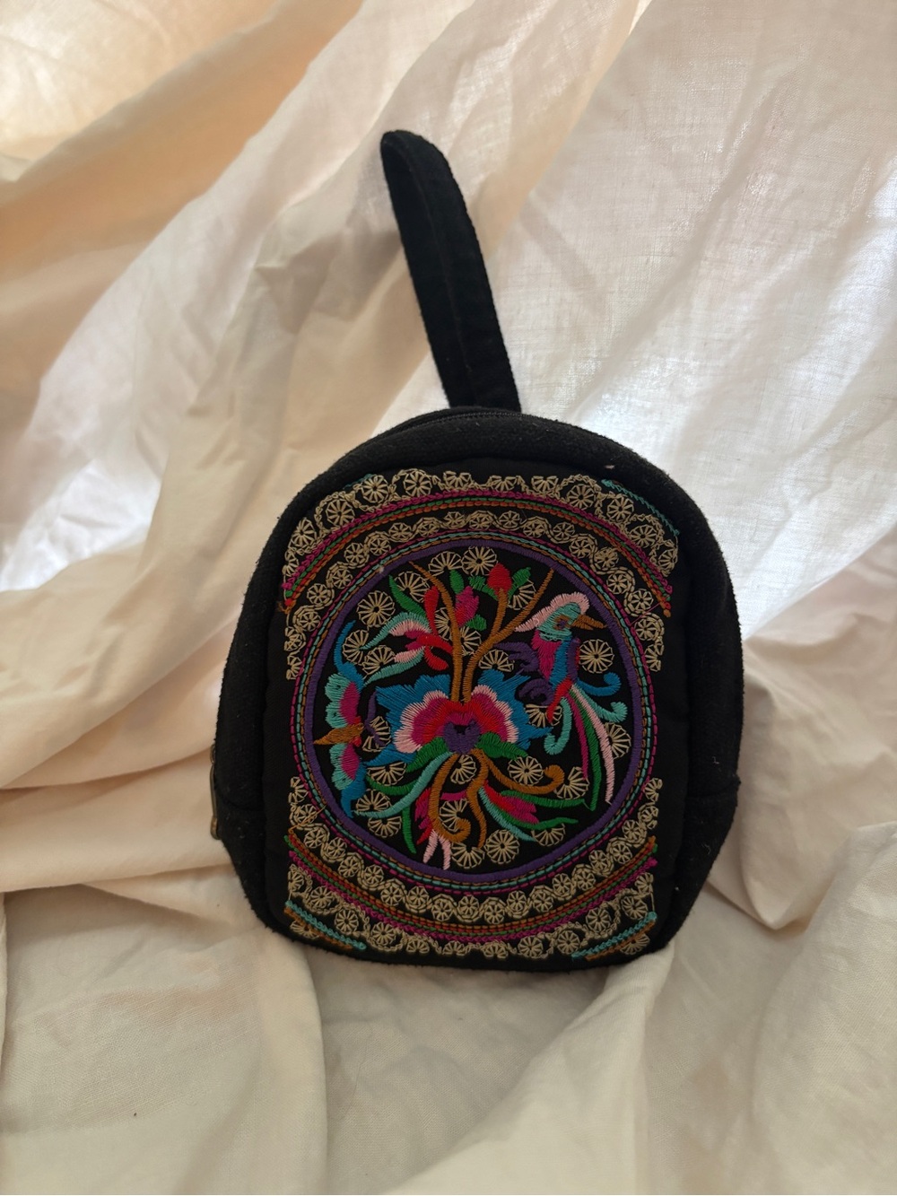 Black Embroidered Floral Wristlet Bag